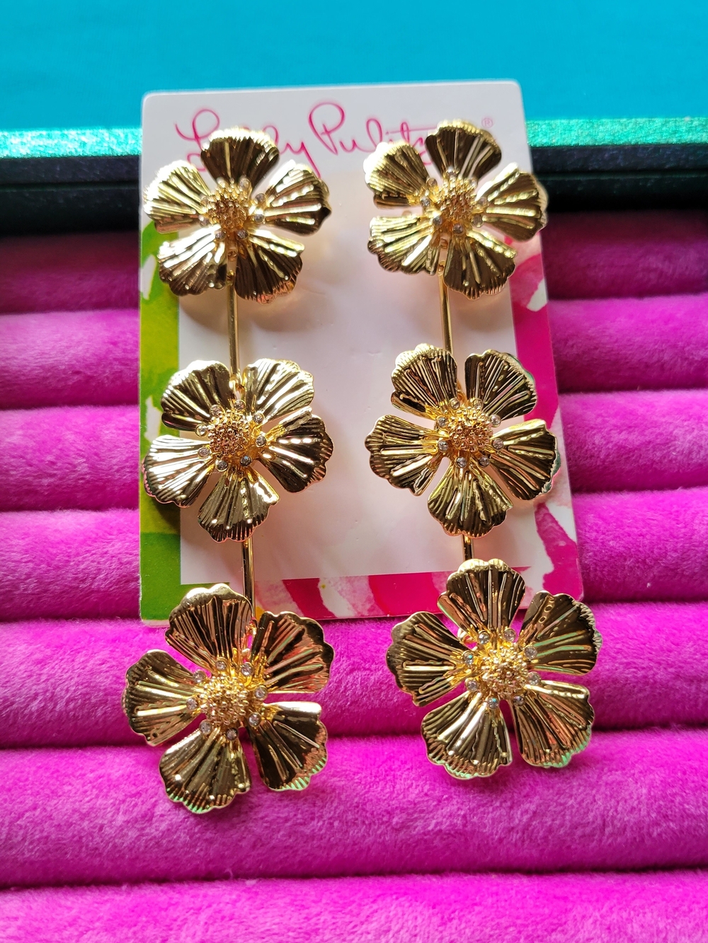 Lilly Pulitzer Three-Tier Gold Floral Drop Earrings